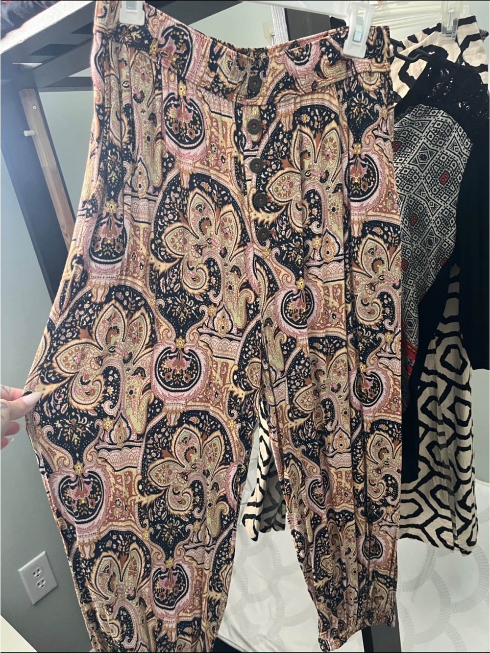 Anthropologie Paisley Wide-Leg Pants in Pink, Black & Gold